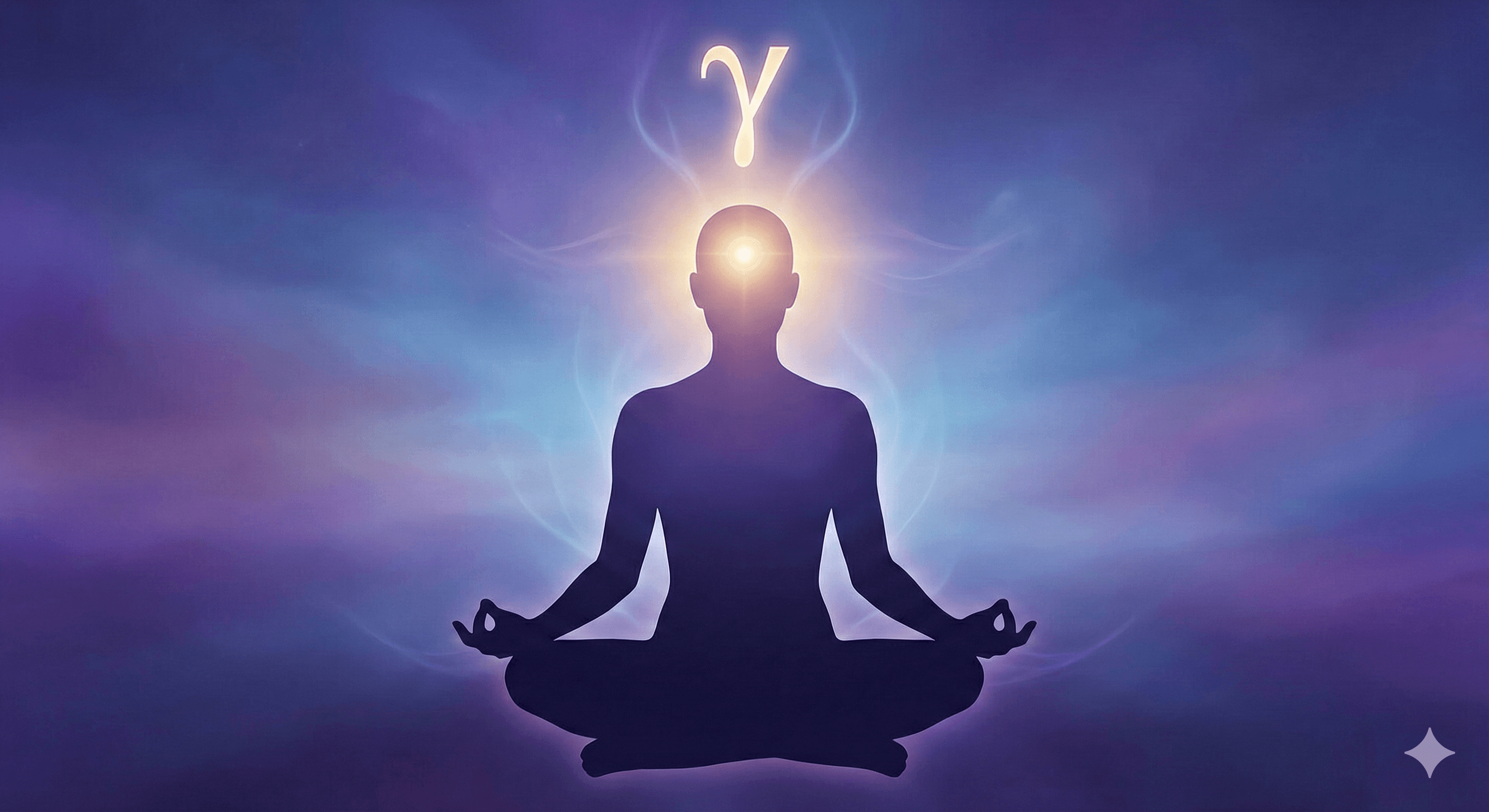 Silhouette of a person meditating with a glowing indigo Third Eye and the Gamma symbol
