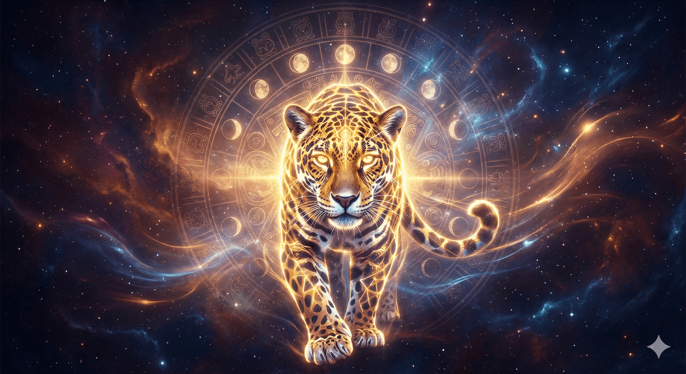 Artistic illustration of a Jaguar pulsing with light, representing the Solar Moon of Intention